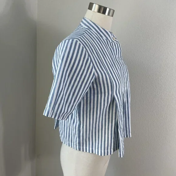 KOTN Shirt Womens Petite Small Blue Stripe Cropped Button Front Top Cotton Linen - Picture 7 of 8